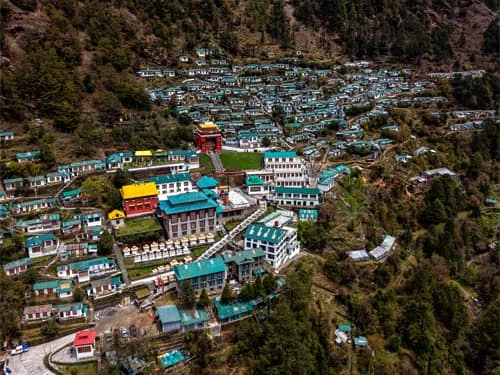 Aerial close-up of Thubten Choling Monastery above Junbesi