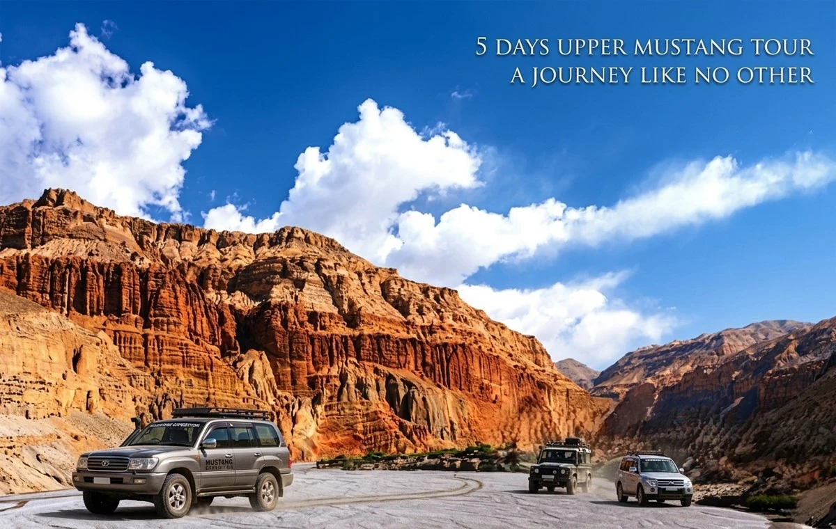 Jeep convoy crossing arid Mustang landscape on guided 5 day Upper Mustang tour from Pokhara