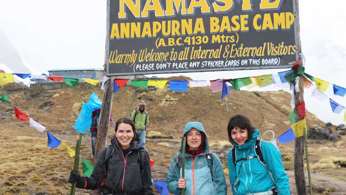 Foreign Trekkers sharing joy of achievement in Annapurna Base Camp