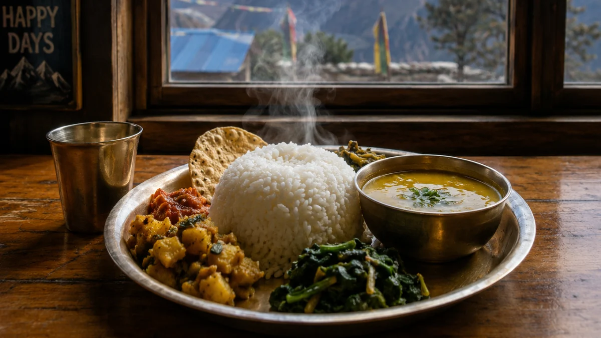 Dal bhat meal served at a teahouse on the ABC trek