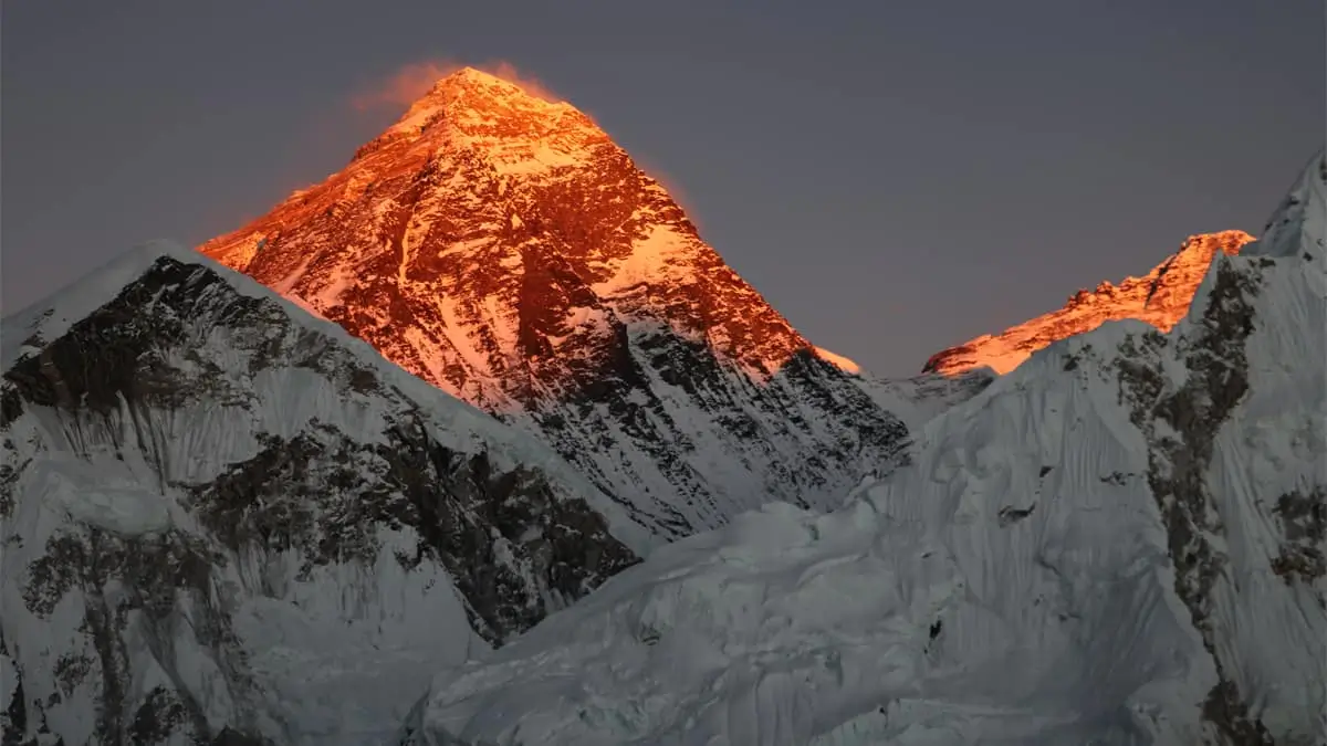 Mount Everest glowing golden at sunset viewed from Kala Patthar Nepal