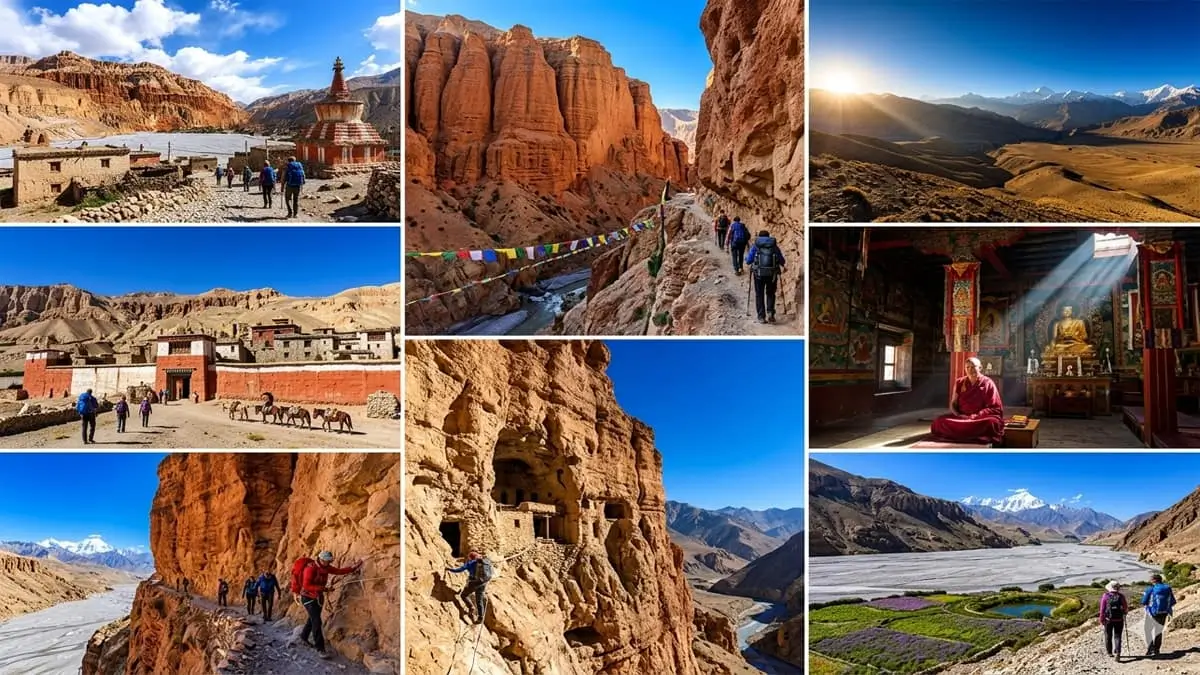Upper Mustang trek Nepal collage showing red cliffs monasteries desert landscape and Buddhist culture