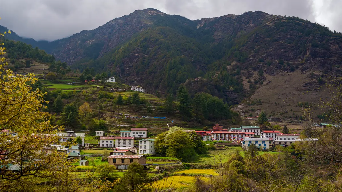 Junbesi village and monastery nestled in a green Himalayan valley