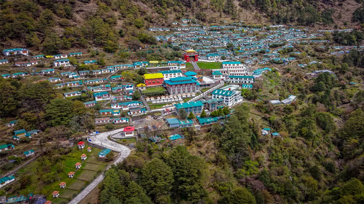 Aerial view of Thubten Choling Monastery complex above Junbesi