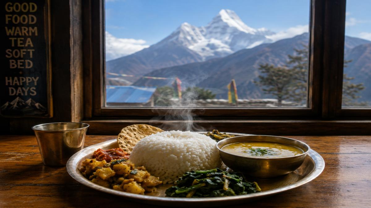 Traditional Nepali dal bhat served at a teahouse on the Annapurna Base Camp trek