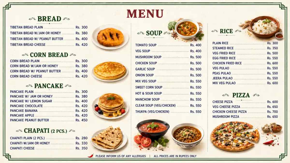 Food menu on ABC trek