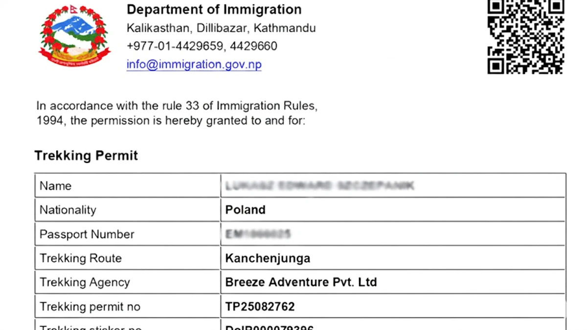 Sample of Kanchenjunga Circuit trek permit