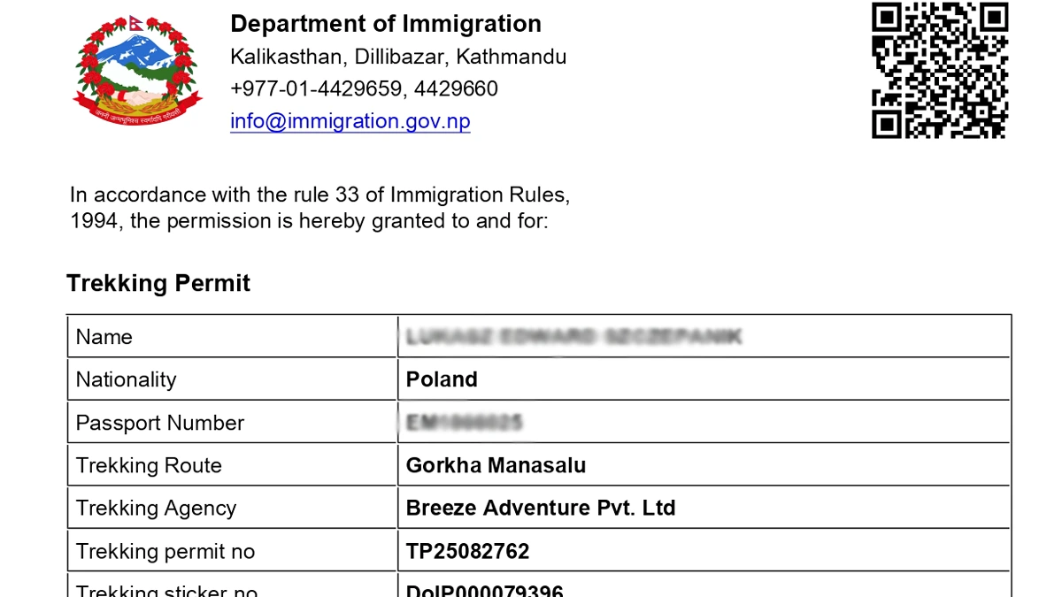 Manaslu Trek Permit Sample