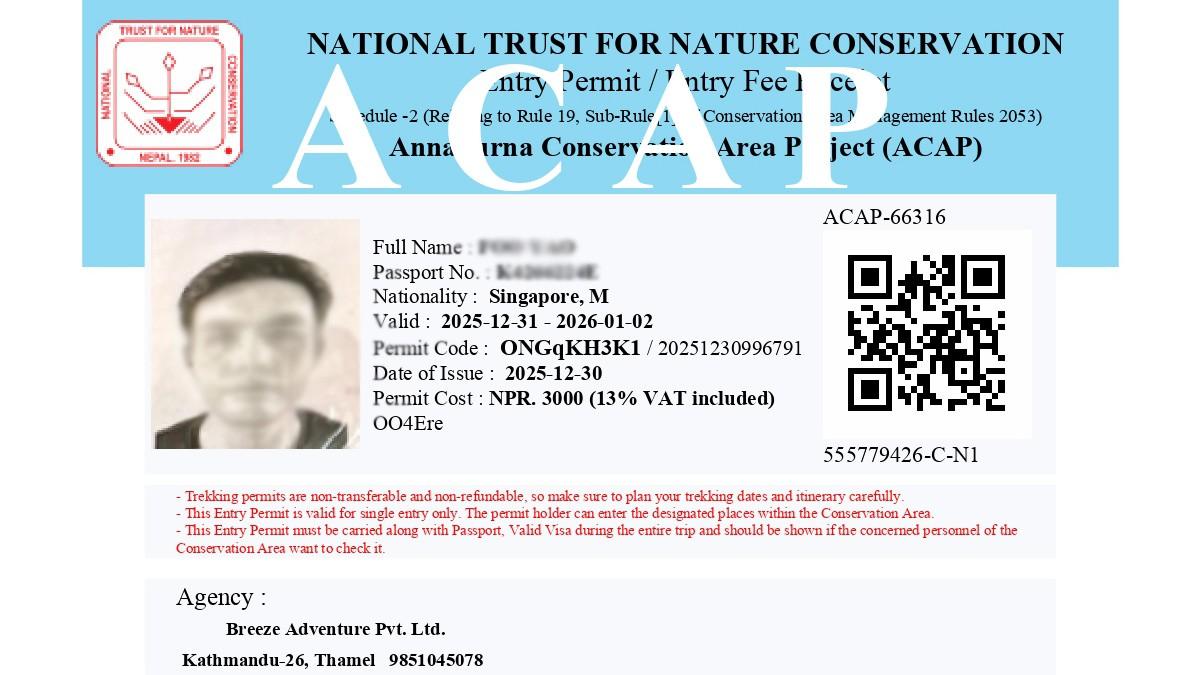 Mardi Himal Trek Permit sample