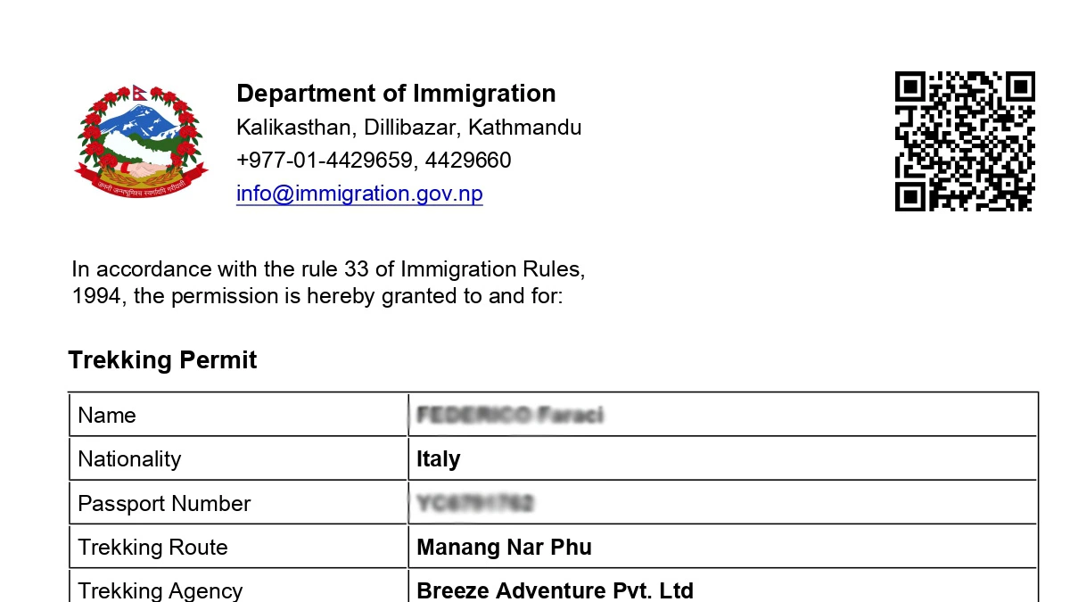 Nar Phu Trekking Permit Sample