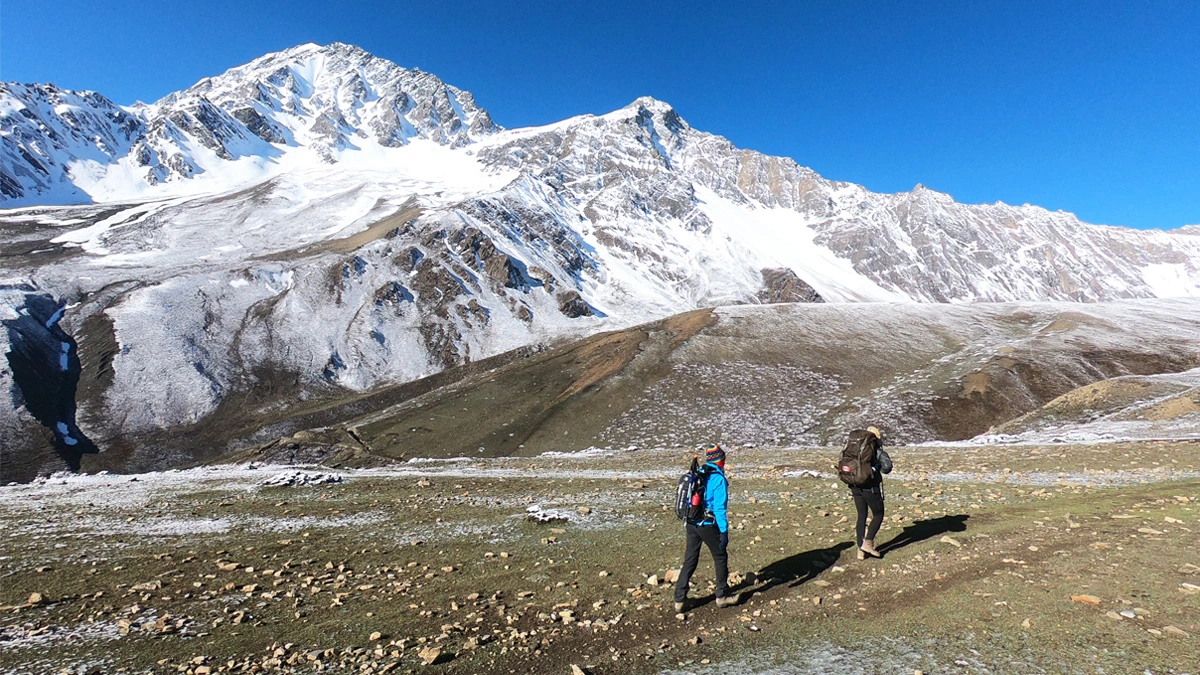 Trekkers marching towards Nar Phu Valley Trek