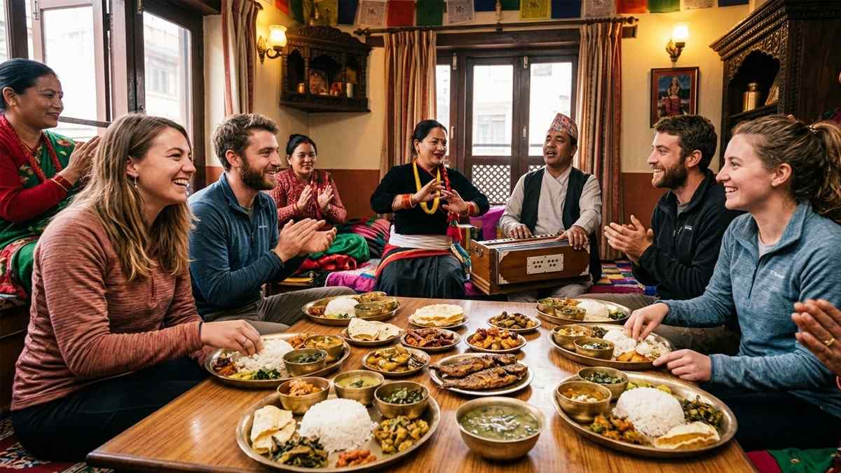 Tourists enjoying Thakali Khana set with local culture