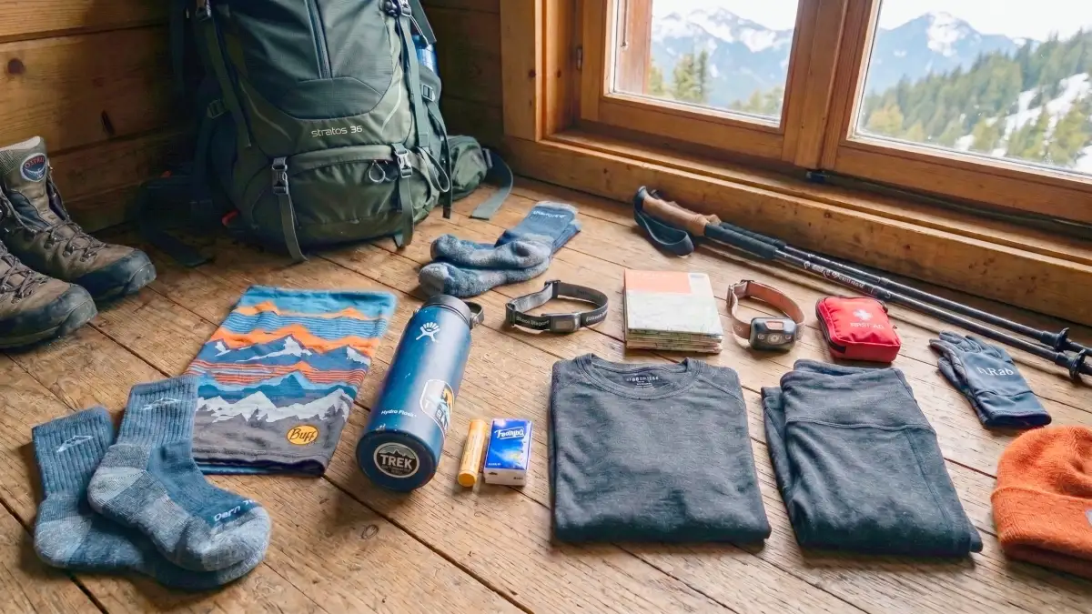 Cold-weather trekking kit: buff, insulated water bottle, lip balm and base layers
