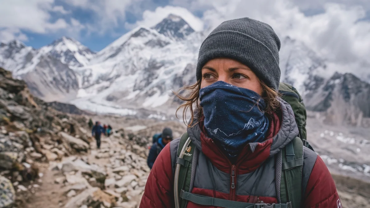 Trekker wearing a buff over the nose and mouth to warm and Humidify cold, dry air