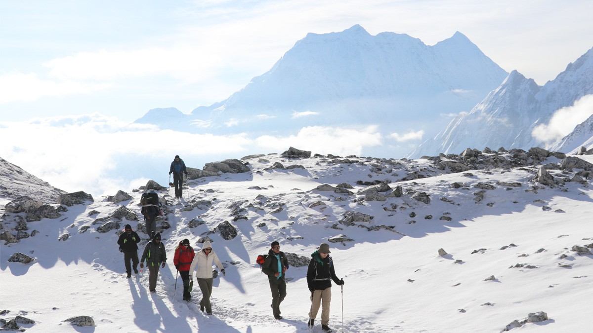 Trekkers on Manaslu Circuit Route towards Kajin Sara Lake
